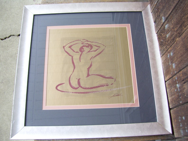 Nude Woman Silhouette Body Language Signed Art Contemporary Art Gold Foil Matte Silver Frame Signed Portrait Art Female Still Art