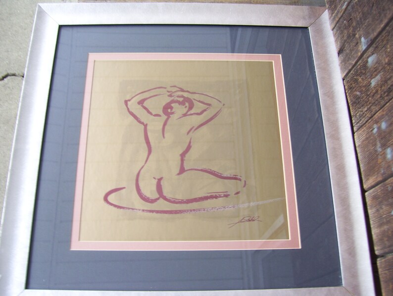 Nude Woman Silhouette Body Language Signed Art Contemporary Art Gold Foil Matte Silver Frame Signed Portrait Art Female Still Art