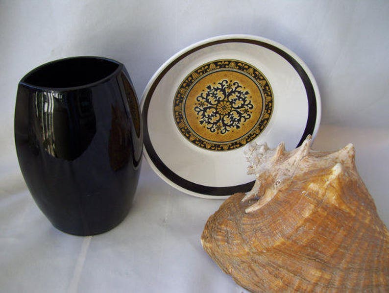 3 Cortez Studio Kraft by Mikasa Mid Century Soup Bowls Black and Gold Pattern 7912 Spanish Decor