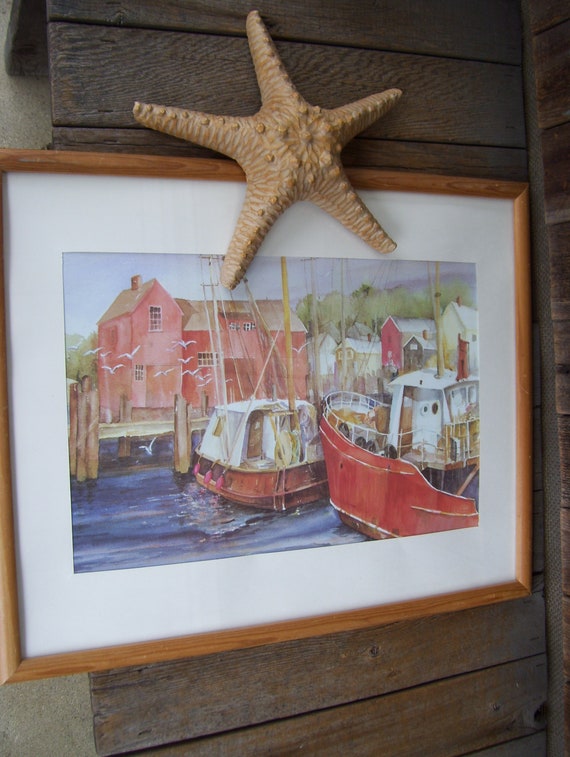 MB Wright Pastel Harbor Print Fishing Boat Ship Art Keller Charles Seascape  Wood Frame Made in Italy Seagulls 