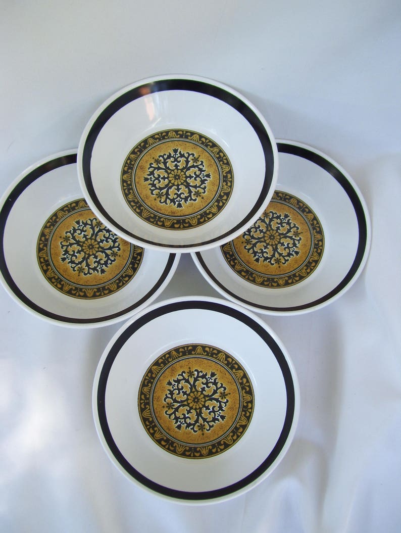 3 Cortez Studio Kraft by Mikasa Mid Century Soup Bowls Black and Gold Pattern 7912 Spanish Decor