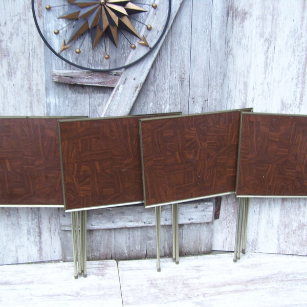 4 TV Trays Faux Wood With Tall Metal Legs Mid Century Modern Wood Parquet Design Includes Tray Stand Folding Tables MCM