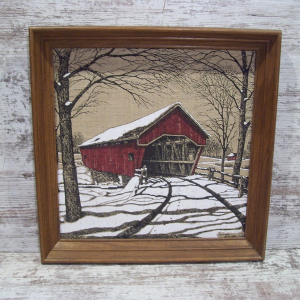 Warren Boucher Covered Bridge Art Linen Artist Signed Kay Dee Hand Painted Mid Century