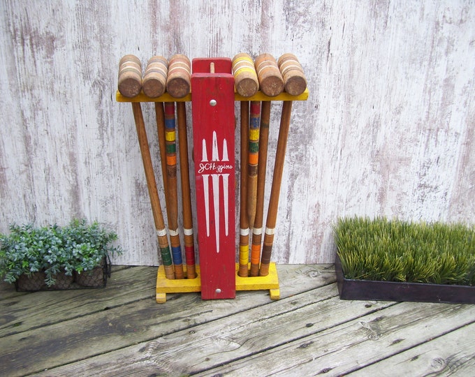 6 Wood Croquet Set JC Higgins Antique Balls Red Wood Stand Complete Set