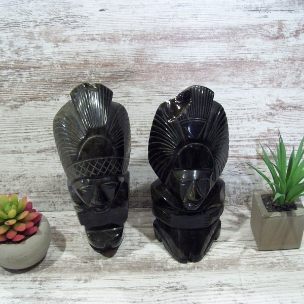 2 Black Onyx Marble Indian Head Bookends Office Decor Library Study Tribal Western Heavy Bookends