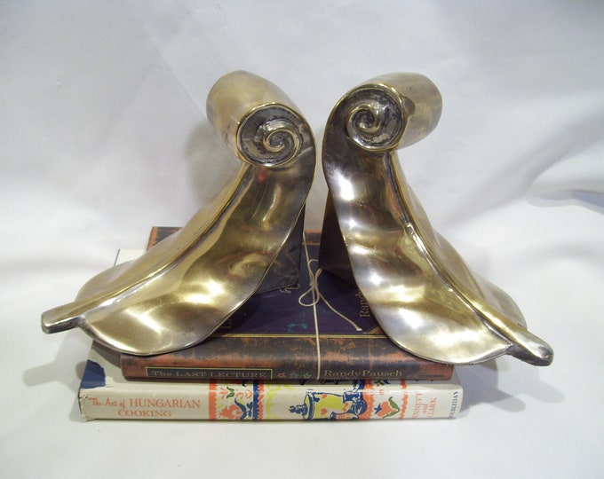 Brass Scroll Leaf Bookend Office Decor Scroll Leaf Tropical Decor Pair