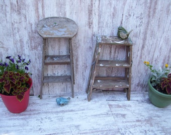 Wood Step Ladder 2 Step Plant Stand Farmhouse Primitive Wooden