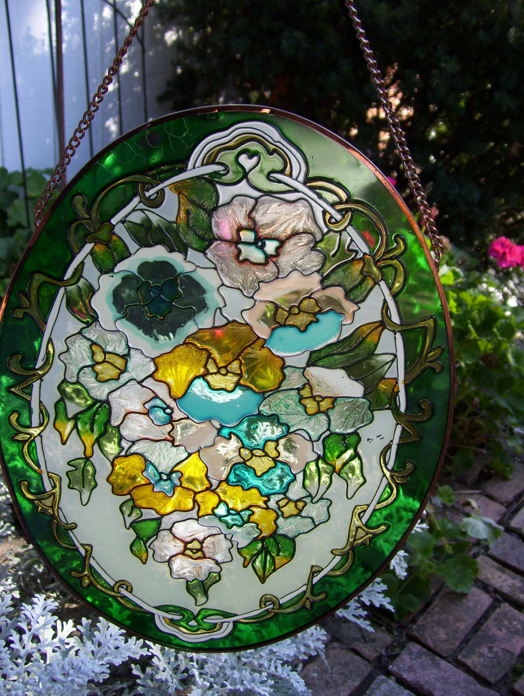 Joan Baker Stained Glass Looking Greenery Pansy Garden Copper Etsy