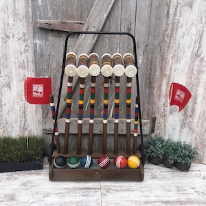 Vintage Forster 6 Player Croquet Wooden Mallets Storage Cart Wood Balls Complete Set Lawn Sports