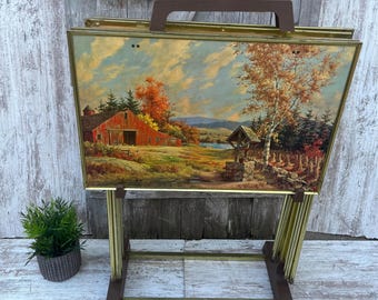 4 Westal TV Trays Barn Lithograph Landscape Scenes Folding Tables Tray Stand Included Farmhouse WOBBLES