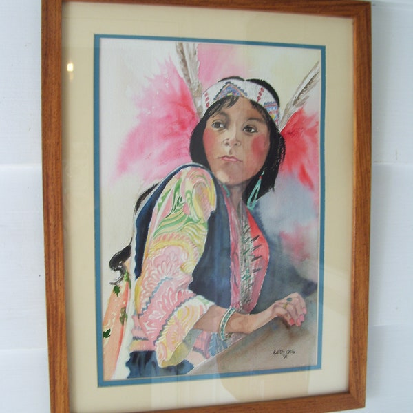 Native American Watercolor Artist Signed Edith Otis Southwest Western Art Feather Head Dress Young Indian Woman