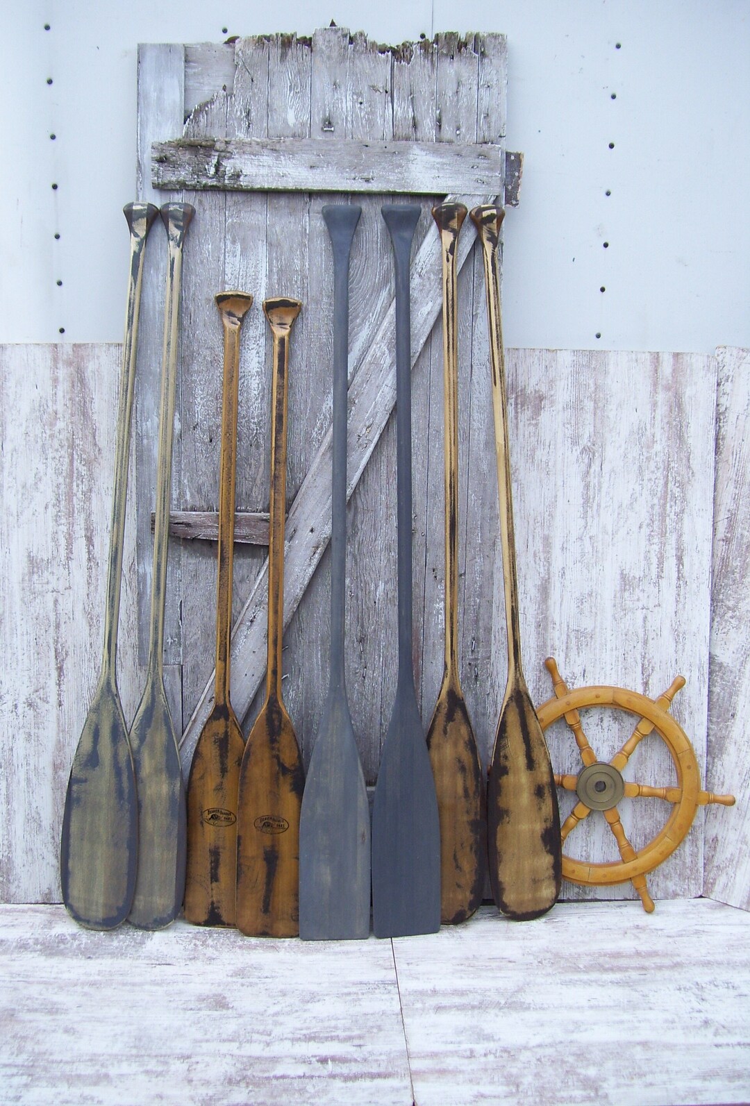 2 Vintage Wood Canoe Paddles Beaver or Walnut Stained OR Gray Stained