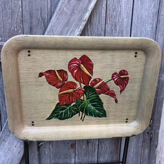 3 Metal TV Trays Black Company Anthurium Floral Metal Clips