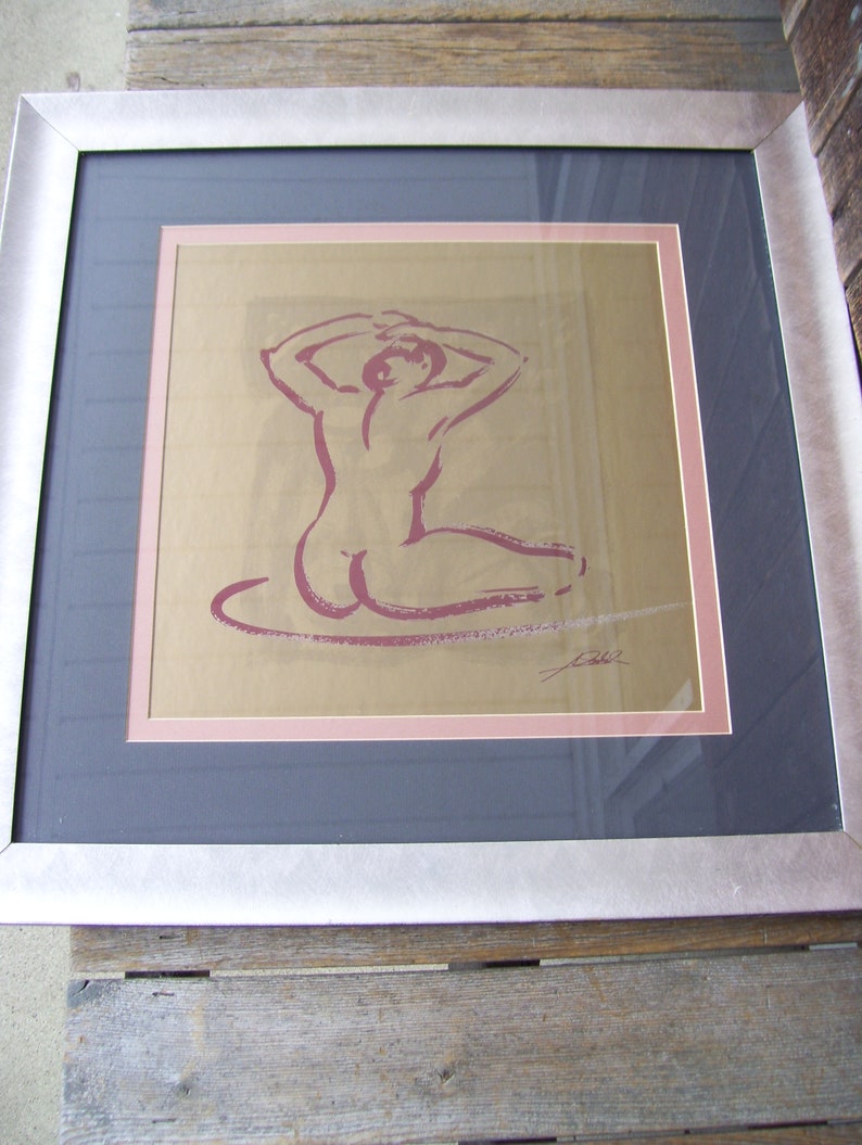 Nude Woman Silhouette Body Language Signed Art Contemporary Art Gold Foil Matte Silver Frame Signed Portrait Art Female Still Art