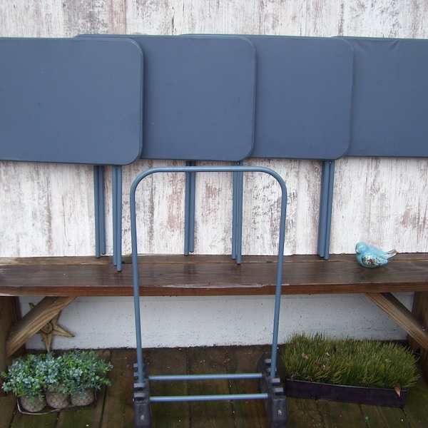 4 Blue Vinyl TV Trays Cosco Trays Mid Century Modern Table Tall Metal Legs Wheeled Stand