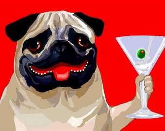 Pug Art Print, Dog with Martini, Customizable Color