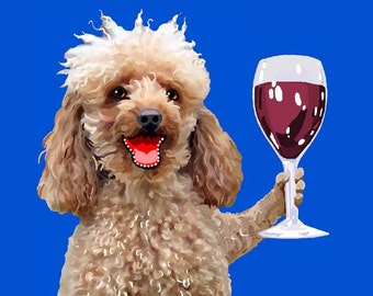 May include: A brown and white poodle dog holding a glass of red wine. The dog is smiling and has its tongue sticking out. The background is a solid blue color.