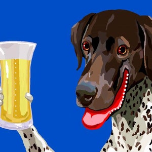 May include: A brown and white spotted dog with a red tongue sticking out holds a glass of beer in its paw. The dog is smiling and looking at the camera.
