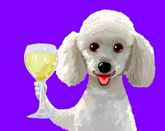May include: A white poodle dog with a happy expression holds a glass of white wine. The dog is against a purple background.