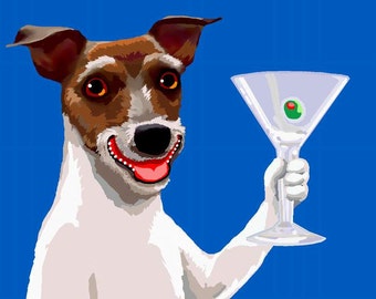 May include: A white and brown dog with a red tongue is holding a martini glass with a green olive. The dog is smiling and looking at the camera. The background is a solid blue color.