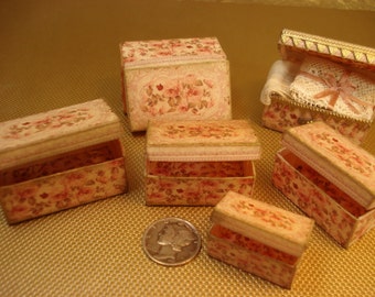 Miniature 1:12 scale-set of 5 trunks-Shabby Cottage roses Paper Kit- 38