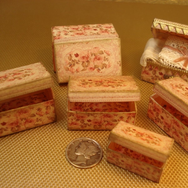 Miniature 1:12 scale-set of 5 trunks-Shabby Cottage roses Paper Kit- 38