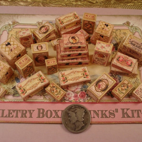 Print On Demand Digital Download Miniature 1:12 Scale Kit of 40 French Toiletry Boxes Victorian Pinks and florals- Kit-16