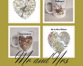 Personalised Wedding/Valentine's Gift for Couple, His and Hers Location Map Set of 2 Mugs, Personalised Mr&Mrs Wedding Location Two Mugs