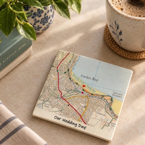 Personalised Map Coaster, 9th Anniversary Gift, Wedding Venue, Contemporary Map Design • Wedding Gift • Ceramic Gift • Anniversary Gift