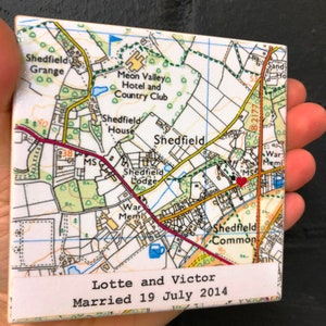 9th Wedding ANNIVERSARY Personalised Map Coaster, CONTEMPORARY map design, Wedding Venue Personalised Coasters, Where we Got Married afbeelding 8