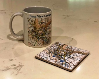 Personalised Set of MAP Ceramic Coaster And Mug For Him/Her,  Personalised Location Coaster, Ideal Birthday, New Home, Farewell Unisex Gift