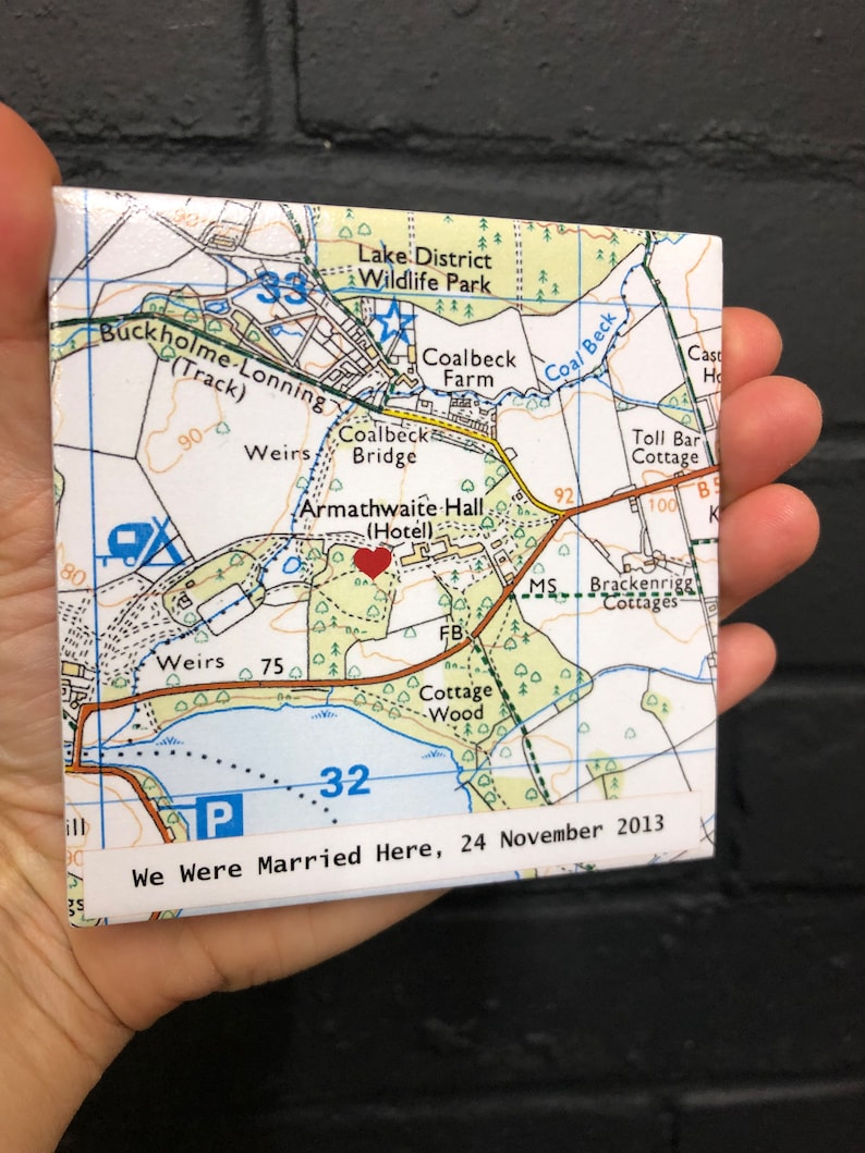 9th Wedding ANNIVERSARY Personalised Map Coaster, CONTEMPORARY map design, Wedding Venue Personalised Coasters, Where we Got Married afbeelding 2