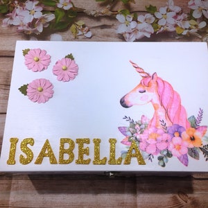 Personalised Unicorn Keepsake Box: Pink Polka Dot Memory Box, Personalised Gift for Girls, Girls Storage Box, Unicorn Gift