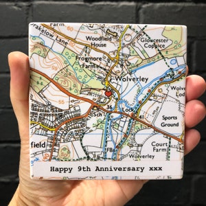 Sous-verre de carte personnalisé 9e anniversaire de mariage, conception de carte CONTEMPORAINE, sous-verres personnalisés pour lieu de mariage, où nous nous sommes mariés,