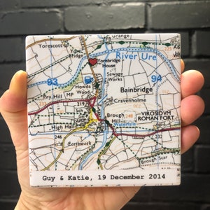 9th Wedding ANNIVERSARY Personalised Map Coaster, CONTEMPORARY map design, Wedding Venue Personalised Coasters, Where we Got Married