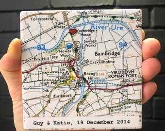 9th Wedding ANNIVERSARY Personalised Map Coaster, CONTEMPORARY map design, Wedding Venue Personalised Coasters, Where we Got Married