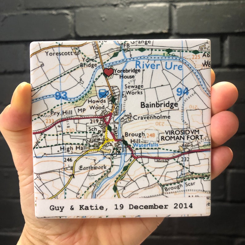 9th Wedding ANNIVERSARY Personalised Map Coaster, CONTEMPORARY map design, Wedding Venue Personalised Coasters, Where we Got Married afbeelding 1
