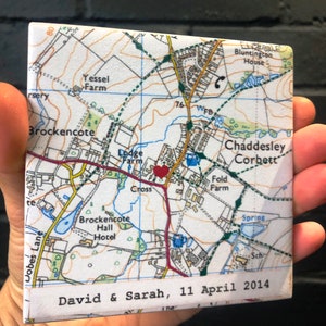 9th Wedding ANNIVERSARY Personalised Map Coaster, CONTEMPORARY map design, Wedding Venue Personalised Coasters, Where we Got Married image 5