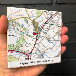 9th Wedding ANNIVERSARY Personalised Map Coaster, CONTEMPORARY map design, Wedding Venue Personalised Coasters, Where we Got Married image 7