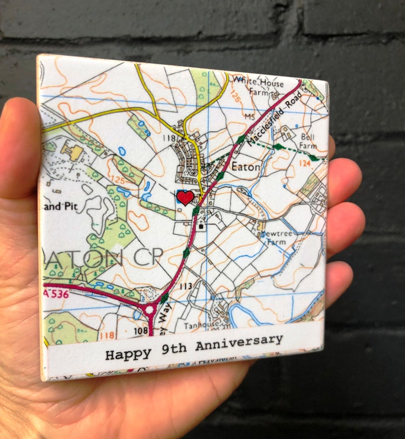 9th Wedding ANNIVERSARY Personalised Map Coaster, CONTEMPORARY map design, Wedding Venue Personalised Coasters, Where we Got Married image 7