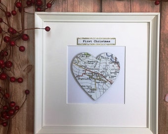 Christmas Family Home Address Frames • Personalised Heart Map Frame • Any custom location (UK or international) • Vintage or New maps