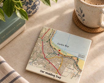 Personalised Map Coaster • 9th Anniversary Gift, Wedding Venue Ceramic Coaster, Contemporary Design • Wedding Gift • Ceramic Gift