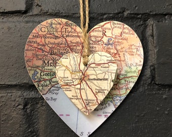 Personalised New Home Gift, Personalised Farewell Location/Postcode  Map Hearts, Any 2 locations (UK or international), Vintage or New Maps