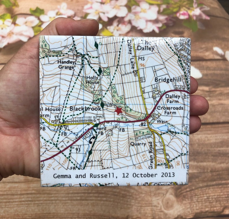 9th Wedding ANNIVERSARY Personalised Map Coaster, CONTEMPORARY map design, Wedding Venue Personalised Coasters, Where we Got Married image 9