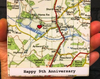 9th Wedding ANNIVERSARY Personalised Map Coaster, VINTAGE map design, Wedding Venue Personalised Coasters, Where We Got Married