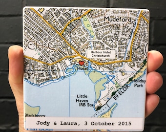 Personalised Map Coaster • 9th Anniversary Gift, Wedding Venue Ceramic Coaster, Contemporary Design