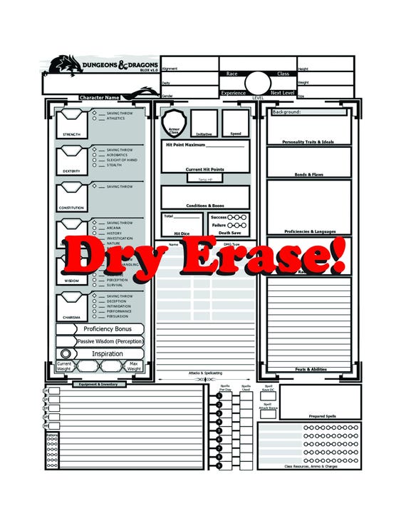 Laminated D&D Character Sheet Dry Erase D and D Character Sheet Laminated D  and D Character Sheet 