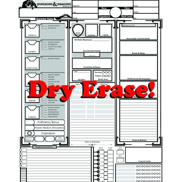 Dnd Character Sheet Dry Erase Etsy