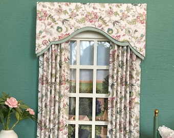 NEW - Dollhouse miniature floral full length curtains with double pelmet