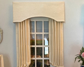 Dollhouse miniature CUSTOM TRIM OPTIONS cream, silk, full length curtains with pelmet